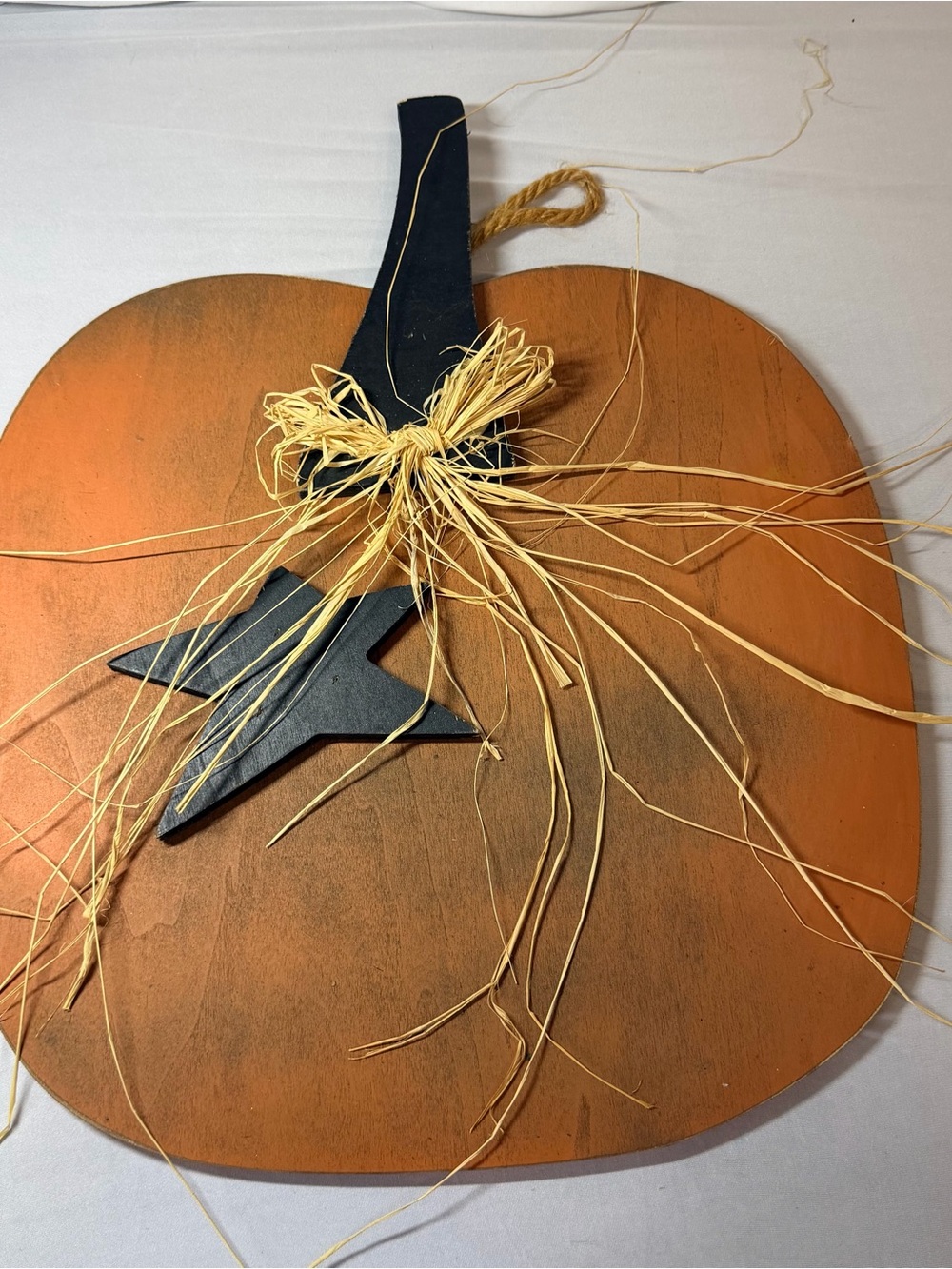 Rustic Orange Wooden Pumpkin Wall Accent with Black Stem. Primitive Folk art sty